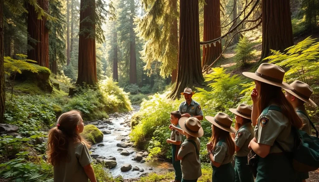 A scenic outdoor setting in a lush, verdant forest. In the foreground, a group of children in ranger uniforms, engaged in hands-on activities and learning about the natural environment. In the middle ground, a park ranger guiding the children, pointing to various flora and fauna. In the background, towering redwood trees and a meandering stream, creating a serene and peaceful atmosphere. Warm, natural lighting filters through the canopy, casting a soft glow on the scene. The overall mood is one of discovery, education, and a deep appreciation for the wonders of the natural world.