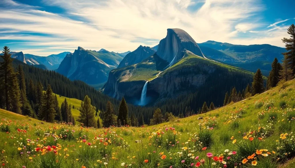 A scenic panorama of Yosemite National Park on a sun-dappled summer day. In the foreground, lush meadows dotted with vibrant wildflowers lead the eye towards the iconic granite monoliths of El Capitan and Half Dome, their majestic peaks rising majestically in the middle ground. Cascading waterfalls tumble over rugged cliffs, their rushing waters shimmering in the warm light. In the background, dense evergreen forests blanket the rolling hills, creating a verdant and serene landscape. Wispy clouds drift across the brilliant blue sky, completing the picture-perfect scene. Capture the grandeur and natural beauty of this beloved California landmark.