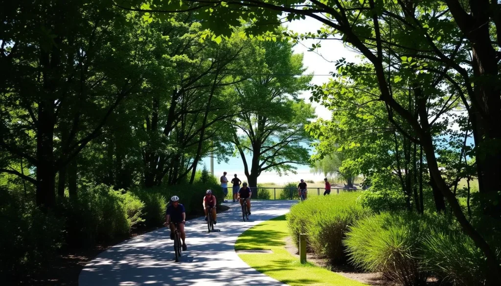 A scenic paved bike trail winding through the lush, green trees and shrubbery of Rehoboth Beach. Sunlight filters gently through the leaves, casting a warm, natural glow on the path. In the foreground, a group of cyclists enjoy the tranquil ride, their bicycles a vibrant splash of color against the verdant backdrop. In the middle ground, the trail curves gracefully, inviting the viewer to explore further. In the distance, glimpses of the coastal dunes and blue waters of the Atlantic Ocean can be seen, hinting at the proximity to the beach. The overall atmosphere is one of relaxation, outdoor recreation, and the beauty of the coastal Delaware landscape.