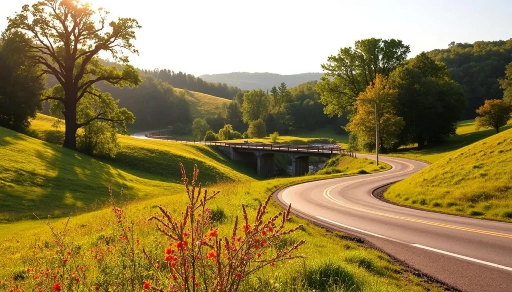 A scenic road winding through lush, rolling hills, dotted with vibrant wildflowers and towering trees in the golden afternoon light. In the distance, a historic covered bridge spans a gently flowing creek, inviting exploration. Nearby, a family-friendly state park with hiking trails, a serene lake, and opportunities for birdwatching and picnicking under shady canopies. The tranquil countryside exudes an air of peaceful solitude, perfect for a rejuvenating day trip from the charming town of Berea, Kentucky.