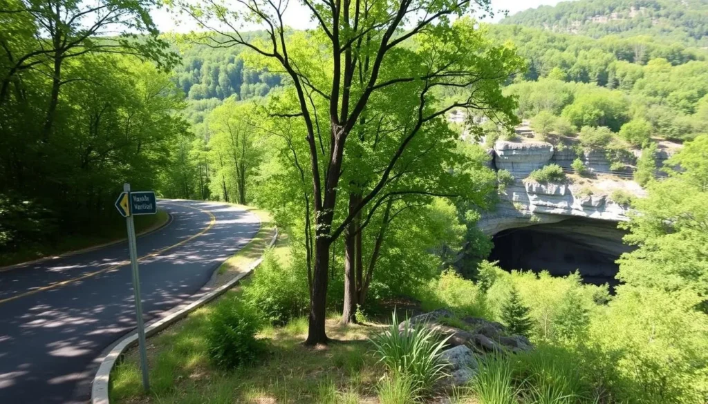 A scenic road winding through the lush green forests of Mammoth Cave National Park, with sunlight filtering through the canopy of trees. In the foreground, a clear signpost with directional arrows pointing the way to the park's main attractions. The middle ground features a picturesque overlook, showcasing the rolling hills and limestone formations that characterize the park's landscape. In the background, the mouth of Mammoth Cave itself, its towering entrance inviting visitors to explore the vast underground network. The image conveys a sense of tranquility and adventure, perfectly capturing the essence of planning a visit to this natural wonder.