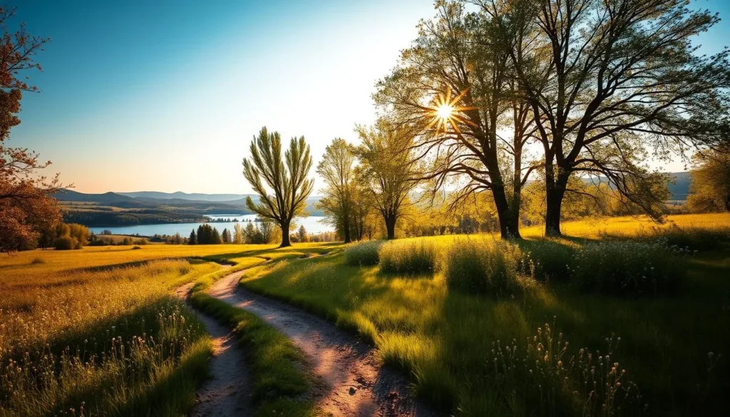 A scenic rural landscape bathed in warm golden sunlight. In the foreground, a winding dirt path leads through a lush meadow dotted with wildflowers. Towering, verdant trees line the middle ground, their branches swaying gently in a light breeze. In the distance, rolling hills and a tranquil lake reflect the cloudless azure sky. The scene exudes a sense of peaceful serenity, inviting the viewer to embark on a serene day trip adventure.