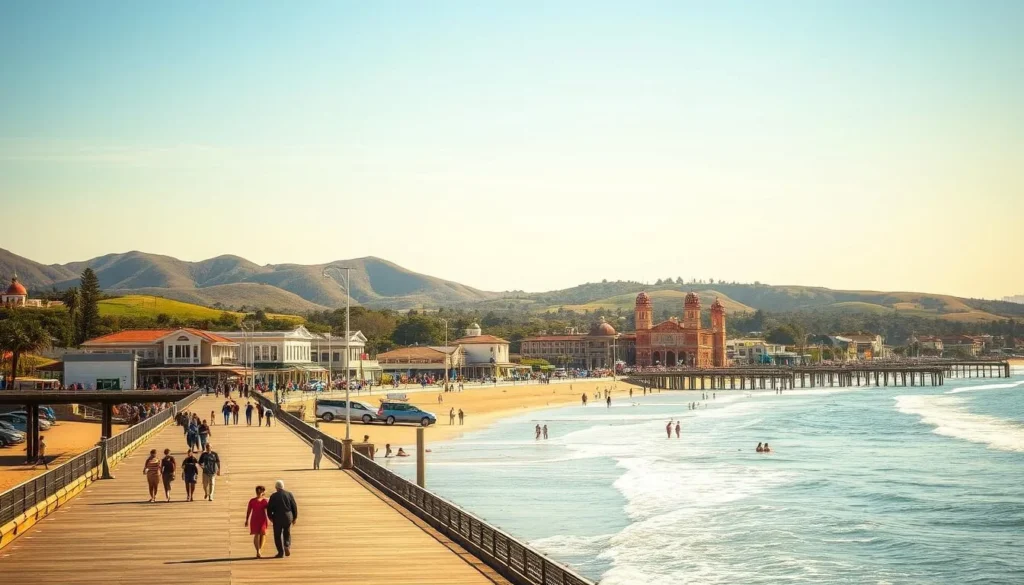 A scenic seaside landscape in Hermosa Beach, California, showcasing the town's rich history and coastal charm. In the foreground, a group of beachgoers stroll along the iconic pier, taking in the panoramic views of the sparkling Pacific Ocean. In the middle ground, historic buildings and landmarks dot the lively boardwalk, hinting at the town's past. The background features rolling hills and lush greenery, creating a picturesque setting. The scene is bathed in warm, golden sunlight, casting a serene and inviting atmosphere. Capture the essence of Hermosa Beach's vibrant history and its enduring appeal as a beloved coastal destination.