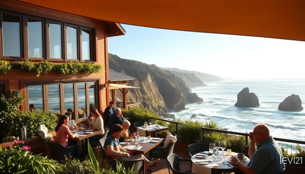 A scenic seaside restaurant in Big Sur, California, with panoramic ocean views. In the foreground, a group of diners enjoying a leisurely meal on an outdoor patio, surrounded by lush greenery and the sound of crashing waves. The middle ground features the elegant, wooden-clad building with large windows framing the stunning coastal landscape. In the background, the rugged, sun-dappled cliffs of the Big Sur coastline stretch out, creating a breathtaking natural backdrop. Warm, soft lighting bathes the scene, evoking a cozy, intimate atmosphere. The entire composition is captured with a wide-angle lens, emphasizing the expansive, picturesque setting.