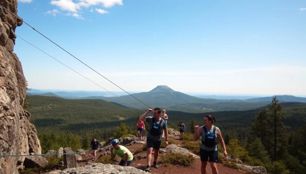 A scenic summer adventure at Sugarloaf Mountain, Maine. In the foreground, thrilling outdoor activities like rock climbing, zip-lining, and mountain biking against a backdrop of lush green forests and rolling hills. In the middle ground, hikers traversing challenging trails, their faces filled with determination. In the distance, the iconic Sugarloaf peak rises majestically, bathed in warm golden sunlight. The atmosphere is one of exhilaration and exploration, with a sense of freedom and connection to nature. The image is captured with a wide-angle lens to showcase the grand scale of the landscape and the daring feats of the adventurers.