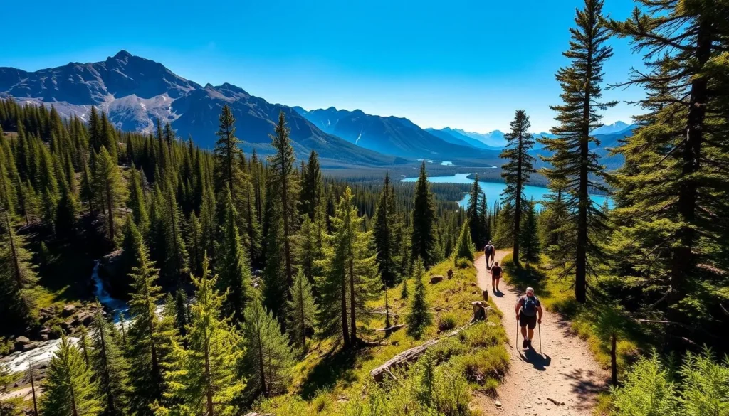 A scenic, sun-dappled trail winds through the majestic forests of Jasper National Park, flanked by towering peaks and pristine alpine lakes. Hikers explore a lush, verdant landscape, passing by ancient glacial deposits and cascading waterfalls. Dappled sunlight filters through the canopy, casting a warm, golden glow over the scene. In the distance, rugged mountain silhouettes rise against a brilliant azure sky, creating a breathtaking panorama. The trail leads onwards, inviting adventurers to immerse themselves in the serene, natural beauty of this iconic Canadian wilderness.
