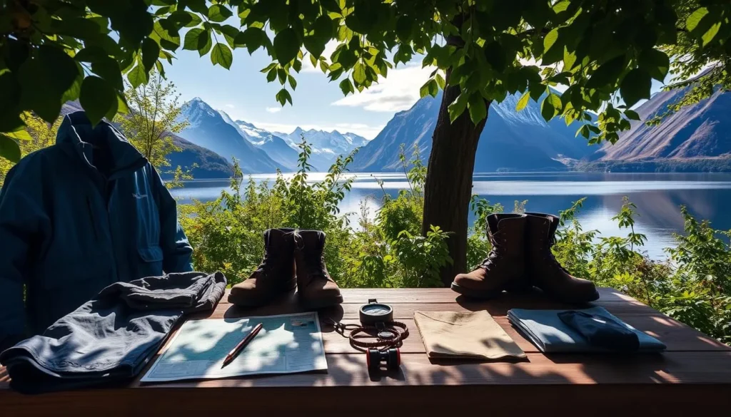 A scenic, sun-dappled view of an outdoor packing essentials display for a Milford Sound adventure. In the foreground, a wooden table displays neatly arranged gear - waterproof jackets, hiking boots, a compass, and a detailed map of the region. In the middle ground, lush, verdant foliage frames the scene, hinting at the surrounding natural beauty. The background features the majestic, snow-capped peaks of the Fiordland National Park, with a tranquil, mirror-like lake reflecting the serene landscape. The lighting is soft and natural, creating a welcoming, adventurous atmosphere.