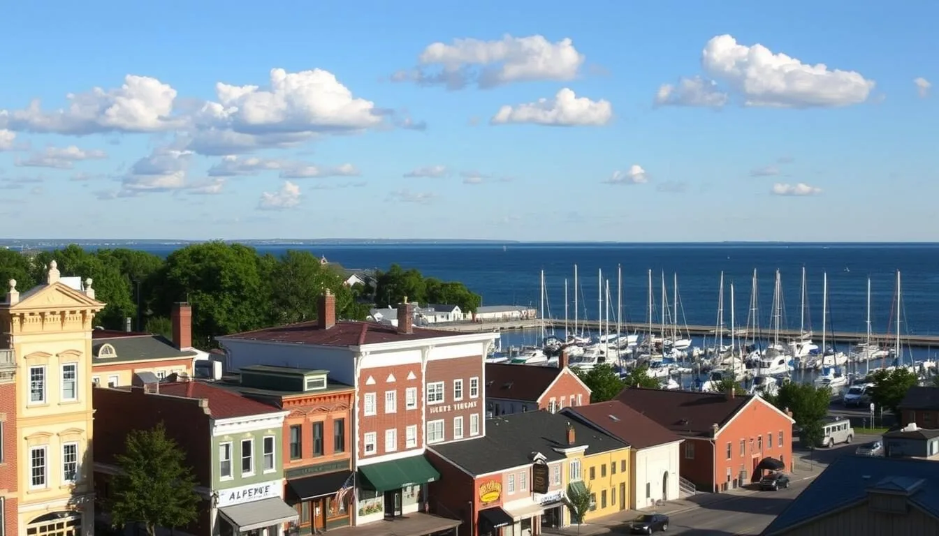 A scenic, sun-dappled view of downtown Alpena, Michigan, nestled along the shores of Thunder Bay. In the foreground, charming historic buildings line the bustling streets, their facades aglow with warm hues. Midground, the picturesque marina teems with sailboats and fishing vessels, their masts swaying gently in the breeze. In the background, the vast expanse of Lake Huron sparkles under a clear, azure sky, dotted with fluffy white clouds. A landscape brimming with natural beauty, small-town allure, and maritime character, capturing the essence of Alpena's top attractions.