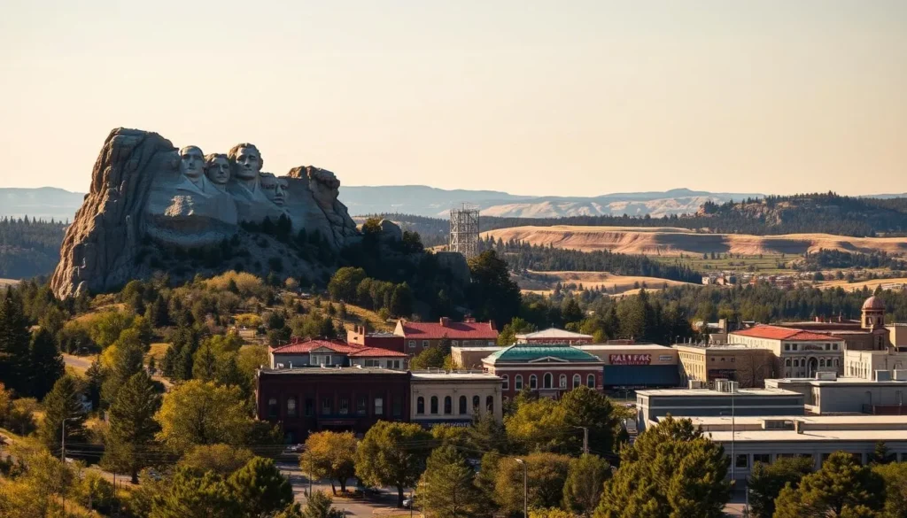 A scenic, sun-dappled view of the iconic landmarks and lesser-known gems of Rapid City, South Dakota. In the foreground, the striking silhouette of the Mount Rushmore National Memorial stands proud, its presidential faces carved into the rugged granite. In the middle ground, the vibrant, historic downtown district bustles with local shops, cafes, and art galleries. In the background, the rolling Black Hills landscape unfolds, dotted with hidden trails, serene lakes, and unique geological formations. The scene is bathed in warm, golden light, capturing the serene beauty and quiet charm of this underappreciated South Dakota destination.