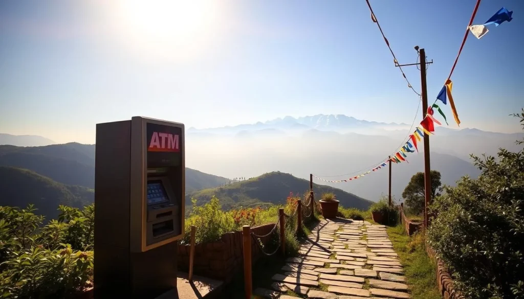 A scenic, sun-drenched view of the Nagarkot ATM location, nestled within the lush, rolling hills of Nepal. In the foreground, a modern, well-maintained ATM machine stands ready to serve visitors, its sleek design complementing the natural surroundings. The middle ground features a quaint, stone-paved pathway leading towards the ATM, flanked by vibrant greenery and colorful prayer flags fluttering in the gentle breeze. In the background, the majestic Himalayan peaks rise majestically, their snow-capped summits glowing under the warm, golden light of the day. The overall scene exudes a sense of tranquility and cultural authenticity, inviting the viewer to explore the essential amenities available in this picturesque Nepalese destination.