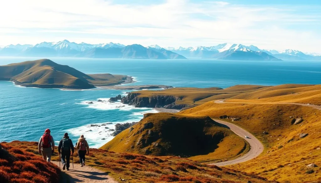 A scenic, sun-drenched vista showcasing the rugged natural beauty of the Aleutian Islands. In the foreground, a group of hikers navigates a winding trail, their backpacks and hiking gear suggesting a day of outdoor exploration. The middle ground reveals a stunning coastline, where crashing waves meet rocky cliffs and lush, verdant slopes. In the distance, majestic snow-capped peaks pierce the clear, azure sky, creating a breathtaking backdrop. The scene is illuminated by warm, golden sunlight, casting a serene, tranquil mood over the entire landscape. Capture the essence of adventure and natural wonder that epitomizes the Aleutian Islands.