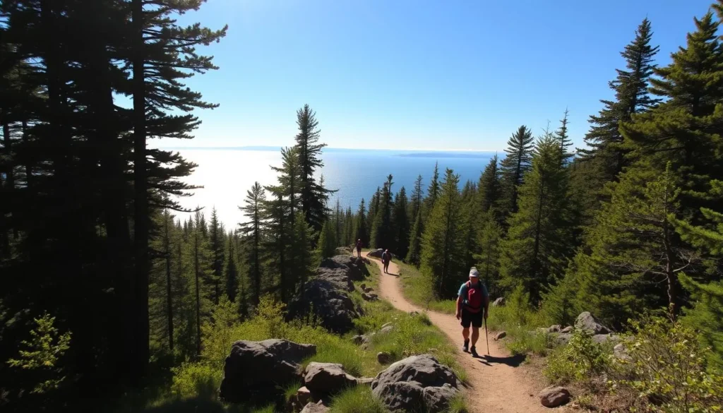 A scenic trail winding through a dense, lush forest, with the sparkling expanse of Lake Superior visible in the distance. Sunlight filters through the canopy, casting a warm, golden glow on the path ahead. Rugged, rocky outcroppings line the trail, leading the eye towards the breathtaking lake vistas. Hikers in the foreground navigate the well-maintained path, taking in the stunning natural beauty that surrounds them. The clear, azure sky overhead completes the picturesque scene, inviting viewers to immerse themselves in the tranquility of this lakeside hiking experience.