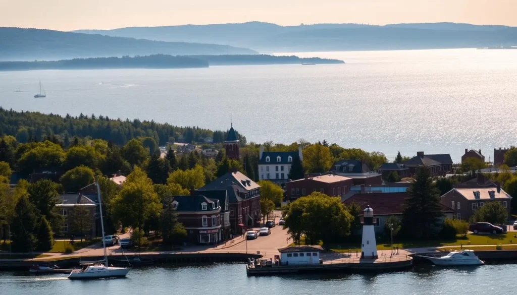 A scenic view of Alpena, Michigan, situated along the shores of Lake Huron. In the foreground, a picturesque harbor with bobbing sailboats and a quaint lighthouse. In the middle ground, the charming downtown area with its historic brick buildings and tree-lined streets. In the background, the vast expanse of the sparkling lake, framed by the rolling hills and dense forests characteristic of the region. Warm, golden sunlight bathes the scene, creating a serene and inviting atmosphere. The image captures the natural beauty and small-town charm that make Alpena a hidden gem of Michigan's coastline.