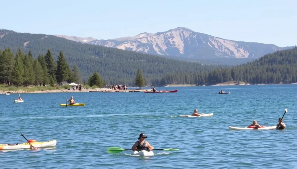 A scenic view of Big Bear Lake in California on a bright, sunny day. In the foreground, people engage in various activities like kayaking, stand-up paddleboarding, and swimming in the crystal-clear waters. In the middle ground, a group of hikers explore the surrounding lush, green forests, and in the background, the majestic San Bernardino Mountains rise up, their snow-capped peaks glistening in the warm light. The scene exudes a sense of tranquility and outdoor adventure, perfectly capturing the essence of the best things to do at this premier California destination.