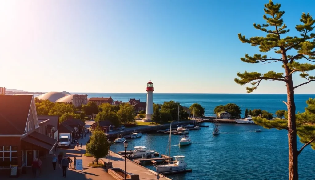 A scenic view of Frankfort, Michigan, nestled along the shores of Lake Michigan. A charming harbor with colorful boats bobbing gently in the calm waters, framed by towering sand dunes and lush, verdant forests. In the foreground, people stroll along the picturesque downtown streets, admiring the quaint shops and historic architecture. The mid-ground features the iconic Frankfort Lighthouse, its white tower standing tall against a clear, azure sky. In the distance, the tranquil, glimmering lake stretches out, its horizon meeting the horizon. Warm, soft lighting bathes the scene, creating a serene and inviting atmosphere that captures the essence of this hidden gem along the Michigan coastline.