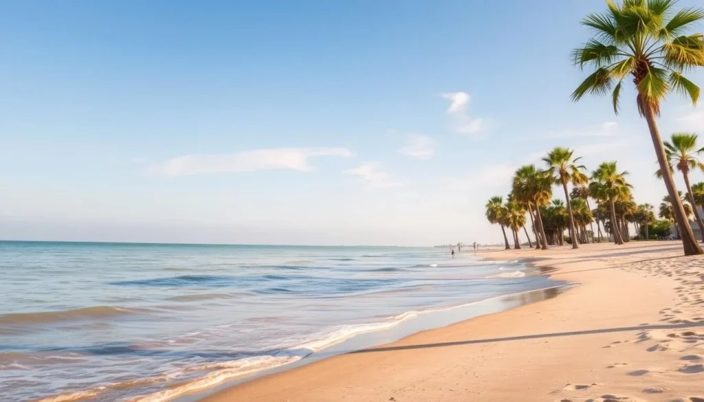 A scenic view of Holly Beach, Louisiana on a sunny day. In the foreground, a tranquil shoreline with soft, golden sand and gentle waves lapping at the edge. In the middle ground, palm trees sway gently in the warm breeze, casting dappled shadows on the beach. The background features a clear, azure sky with a few wispy clouds drifting by. The lighting is soft and natural, creating a serene and inviting atmosphere. The overall scene conveys the best times to visit Holly Beach - a peaceful coastal retreat with beautiful beaches and a relaxed, tropical ambiance.