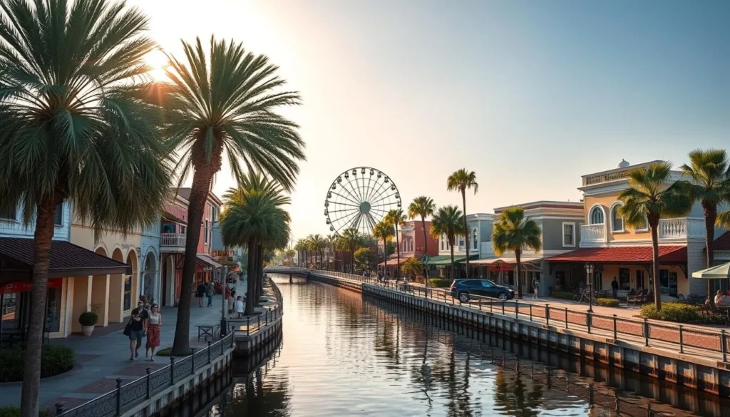 A scenic view of Kissimmee, Florida's charming downtown nestled along the tranquil shores of Lake Tohopekaliga. Warm sunlight bathes the quaint historic buildings, their pastel facades reflecting in the still waters. Lush palm trees sway gently, casting dappled shadows across the bustling sidewalks lined with local shops and cafes. In the distance, the iconic Ferris wheel of Old Town Kissimmee rises, its colorful carriages turning leisurely. Residents and visitors stroll, enjoying the laid-back, inviting atmosphere of this hidden Central Florida gem.