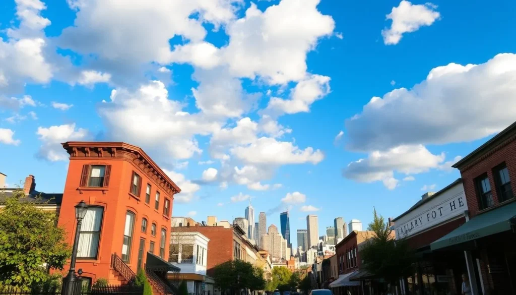 A scenic view of Long Island City's hidden gems on a pleasant day. In the foreground, a quaint brownstone townhouse with well-manicured gardens and a wrought-iron gate. The middle ground features a bustling street lined with locally-owned boutiques, cafes, and art galleries, their facades bathed in warm, golden sunlight. In the background, the iconic skyline of Manhattan rises, its skyscrapers gleaming under a vibrant blue sky dotted with fluffy white clouds. The scene conveys a sense of peaceful urban tranquility, inviting the viewer to explore the charming and off-the-beaten-path delights of this vibrant neighborhood.
