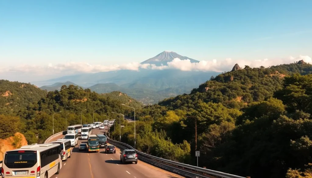 A scenic view of Mount Tai, the revered sacred mountain in Taian, China, under a clear blue sky. In the foreground, a winding road ascends the slopes, with a fleet of diverse transportation modes - buses, taxis, and private vehicles - ferrying visitors up the mountain. The middle ground showcases the lush, verdant forests and rocky outcroppings that line the path, while the background features the majestic, cloud-capped peaks of Mount Tai, bathed in warm, golden sunlight. The scene exudes a sense of tranquility and wonder, capturing the essence of a practical yet visually captivating journey to one of China's most iconic natural wonders.