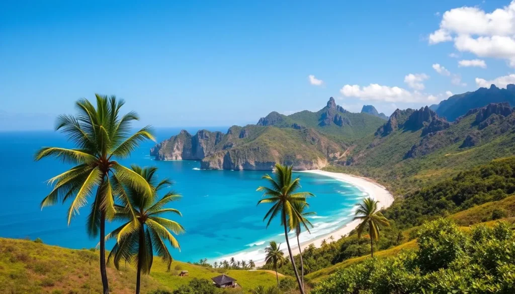 A scenic view of South Gigante Island, Philippines on a bright, sunny day. A lush, verdant landscape with rolling hills and palm trees in the foreground. In the middle ground, a picturesque white sand beach stretches along the coastline, lapped by turquoise waters. In the background, the island's dramatic cliffs and rocky outcroppings rise up, creating a stunning natural backdrop. The scene is bathed in warm, golden light, capturing the island's vibrant and inviting atmosphere. Captured with a wide-angle lens to showcase the breathtaking vistas.