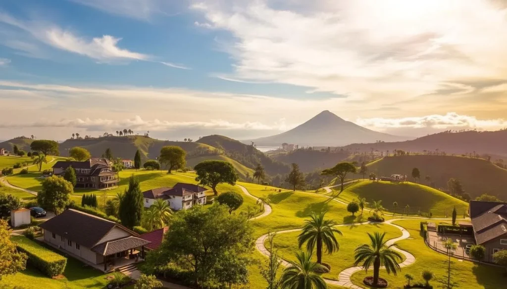 A scenic view of Tagaytay's lush, rolling hills, with a variety of cozy, well-appointed accommodations nestled amongst the greenery. Warm, golden sunlight filters through wispy clouds, casting a soft, inviting glow over the scene. In the foreground, a selection of charming inns, resorts, and boutique hotels stand ready to welcome visitors, their architecture blending seamlessly with the picturesque landscape. The middle ground features mature trees, well-tended gardens, and winding paths, inviting exploration. In the distance, the iconic Taal Volcano rises majestically, providing a stunning natural backdrop. The overall atmosphere is one of tranquility, comfort, and scenic beauty, perfectly capturing the essence of Tagaytay's premier accommodation options.