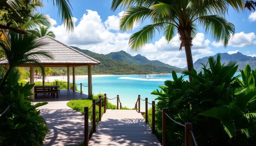A scenic view of the Trunk Bay facilities in St. John, U.S. Virgin Islands on a bright, sunny day. In the foreground, a well-maintained wooden boardwalk leads to a spacious, open-air pavilion with a thatched roof. Surrounded by lush, tropical foliage, the pavilion offers shade and seating for visitors. In the middle ground, the iconic white sand and turquoise waters of Trunk Bay beach are visible, inviting beachgoers to enjoy the tranquil scene. In the background, verdant hills and mountains rise up, creating a picturesque natural backdrop. The lighting is warm and natural, highlighting the vibrant colors and textures of the environment. The overall atmosphere conveys a sense of relaxation and appreciation for the natural beauty of this tropical paradise.