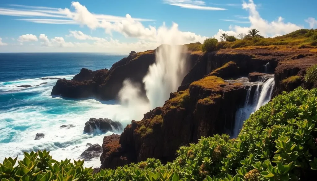 A scenic view of the captivating Alofaaga Blowholes on the lush island of Savai'i, Samoa. The powerful waves crash against the rugged volcanic rock formations, creating dramatic geysers that erupt skyward. Vibrant green foliage frames the scene, contrasting with the deep blue of the Pacific Ocean. Warm, golden sunlight filters through wispy clouds, casting a tranquil glow over the natural wonder. Capture the awe-inspiring beauty of this unique geological phenomenon, showcasing Samoa's remarkable natural landscape. A scenic view of the captivating Alofaaga Blowholes on the lush island of Savai'i, Samoa. The powerful waves crash against the rugged volcanic rock formations, creating dramatic geysers that erupt skyward. Vibrant green foliage frames the scene, contrasting with the deep blue of the Pacific Ocean. Warm, golden sunlight filters through wispy clouds, casting a tranquil glow over the natural wonder. Capture the awe-inspiring beauty of this unique geological phenomenon, showcasing Samoa's remarkable natural landscape.