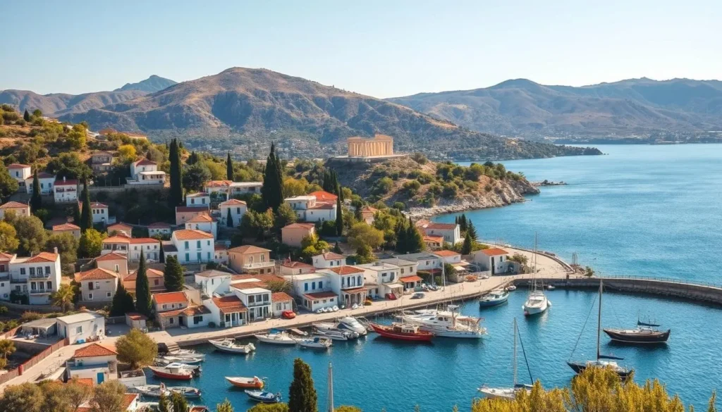 A scenic view of the picturesque island of Aegina in the Saronic Gulf, Greece. Capture the island's charming architecture, with traditional whitewashed buildings and terracotta roofs nestled among lush olive groves and cypress trees. In the foreground, showcase the vibrant harbor, with colorful fishing boats bobbing in the turquoise waters. In the middle ground, depict the island's iconic landmarks, such as the well-preserved Temple of Aphaia, set against a backdrop of rugged, sun-drenched hills. Bathe the scene in warm, golden sunlight, casting long shadows and creating a sense of tranquility and timelessness. Convey the essence of Aegina's natural beauty and the allure of this hidden gem in the Aegean Sea.