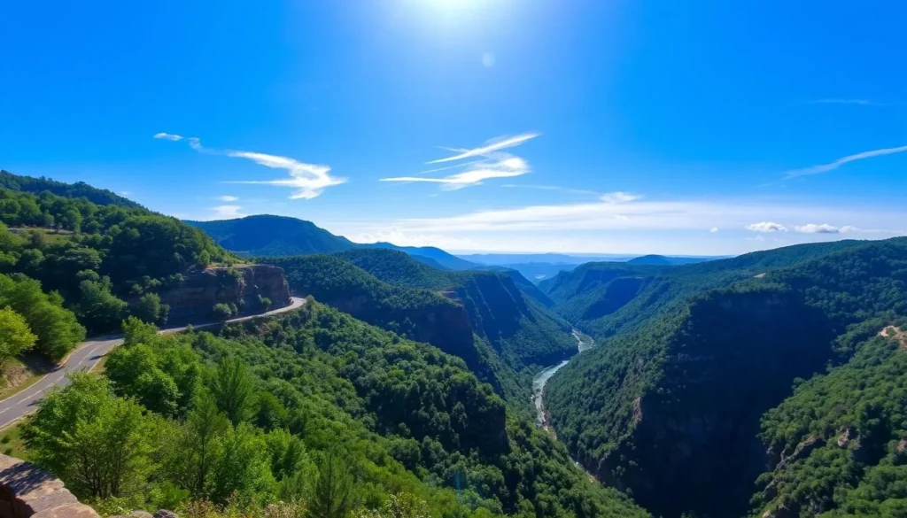 A scenic vista along the New River Gorge Scenic Drive in Fayetteville, West Virginia. Winding through the lush, forested Appalachian hills, the road offers breathtaking views of the New River flowing far below. Sunlight filters through the canopy, casting a warm glow on the rocky cliffs and verdant foliage. In the middle distance, a sweeping overlook showcases the dramatic gorge, its steep walls carved by the river over millennia. Wispy clouds drift across a clear, azure sky, completing the picturesque, serene landscape. Capture the natural beauty and tranquility of this scenic mountain drive.