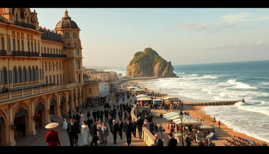 A scenic vista of Biarritz, France in the late 19th century. A quaint fishing village nestled along the rugged Basque coastline, transformed into an elegant imperial resort. In the foreground, aristocratic ladies and gentlemen stroll along a promenade, enjoying the seaside ambiance. Ornate Belle Époque architecture lines the scene, with the grand Hôtel du Palais overlooking the crashing waves of the Atlantic. In the middle ground, a bustling marketplace teems with local vendors and shoppers. The background reveals the iconic Rocher de la Vierge, a dramatic natural rock formation jutting into the sea. Warm, golden sunlight bathes the entire tableau, capturing the city's transition from humble origins to refined glamour.