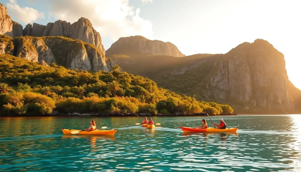 A scenic vista of Cayman Brac's dramatic limestone cliffs, bathed in warm, golden-hour sunlight. In the foreground, a group of kayakers paddle peacefully through the turquoise waters of a tranquil cove, their reflections shimmering on the surface. The middle ground features a lush, verdant landscape dotted with vibrant tropical flora, while the background showcases the island's iconic silhouette, its rolling hills and jagged, wind-swept coastline. Capture the serene, island atmosphere with a wide-angle lens, drawing the viewer's eye across the layered, picturesque scene.