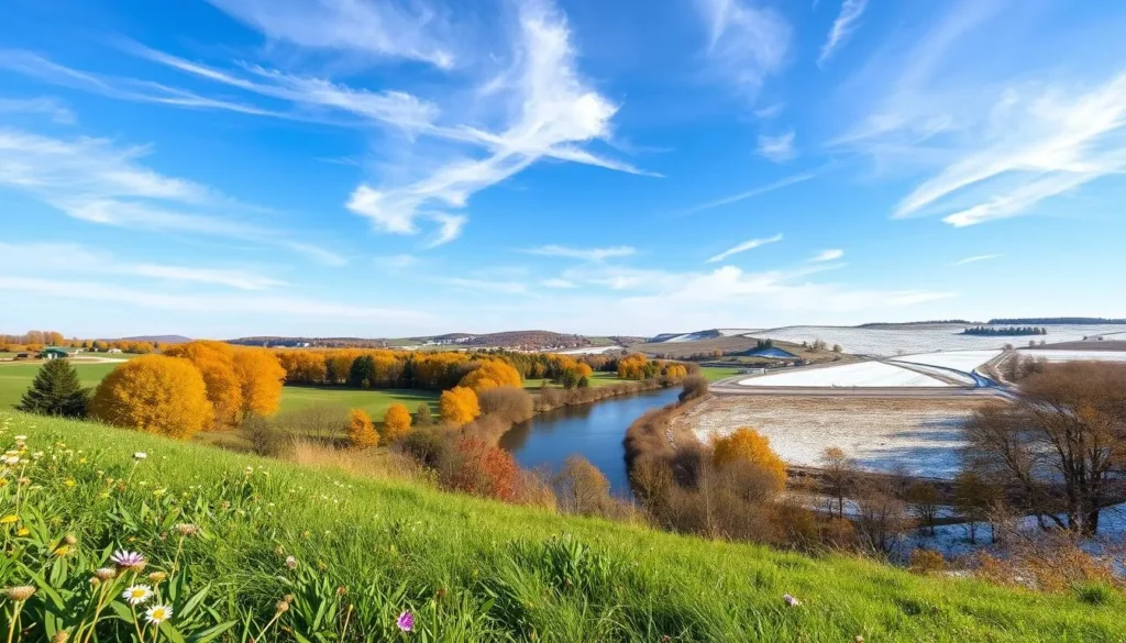 A scenic vista of Illinois in the changing seasons. In the foreground, a lush green meadow dotted with wildflowers sways in a gentle breeze. In the middle ground, a winding river reflects the golden hues of autumnal foliage on the banks. In the distance, rolling hills are capped with a dusting of fresh snow, bathed in the soft light of a winter afternoon. Wispy clouds drift across a cerulean sky, casting dynamic shadows over the pastoral landscape. Capture the beauty and diversity of Illinois throughout the year in a single, harmonious image.