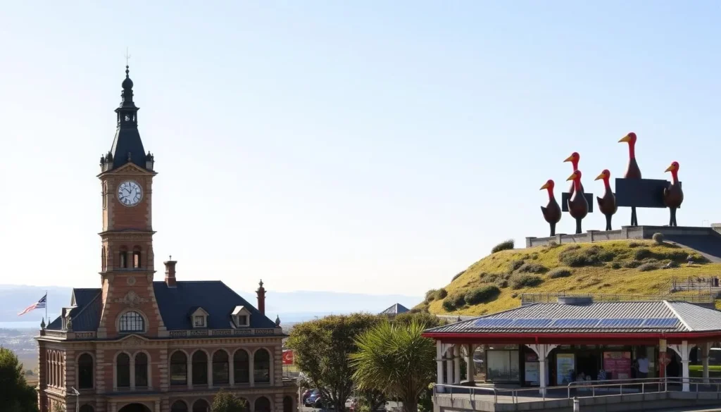A scenic vista of Invercargill's unique attractions on a pleasant sunny day. In the foreground, the iconic Victoriana-style Southland Museum and Art Gallery stands proudly, its ornate architecture and clock tower gleaming. In the middle ground, the lush Bluff Hill Lookout offers panoramic views of the city and the distant Foveaux Strait. In the background, the distinctive Kiwi birdhouses of Bill Richardson Transport World peek out, showcasing Invercargill's rich automotive and industrial heritage. The image is bathed in warm, natural lighting, creating a welcoming and inviting atmosphere that captures the essence of Invercargill's captivating charm.