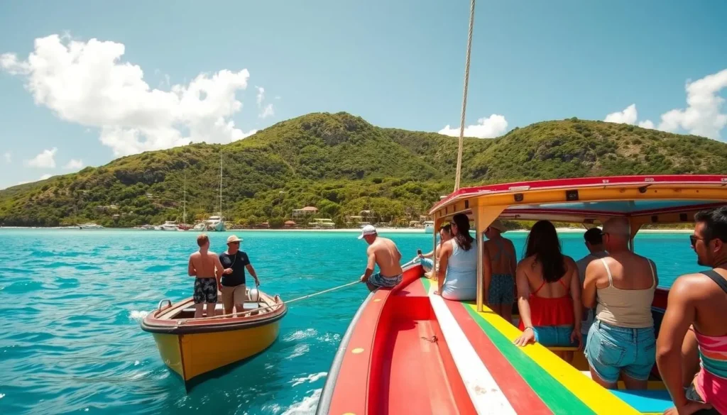 A scenic vista of Jost Van Dyke, the smallest of the British Virgin Islands. In the foreground, a group of locals and tourists board a vibrant, wooden boat, its hull painted in bright Caribbean hues. The middle ground showcases the island's lush, verdant hills and pristine beaches, while the background is dominated by the turquoise waters of the Caribbean Sea, glistening under the warm, golden sunlight. The scene exudes a relaxed, easygoing atmosphere, capturing the essence of island life and the various modes of transportation used to explore this picturesque destination.
