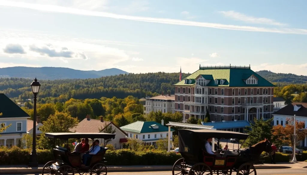 A scenic vista of Mackinac Island, Michigan on a sunny day. In the foreground, a quaint horse-drawn carriage traverses the historic streets, its passengers marveling at the charming Victorian architecture. The middle ground features the iconic Grand Hotel, its distinctive green roof shimmering in the sunlight. In the background, rolling hills and dense forests frame the island's picturesque landscape. Warm, golden lighting filters through wispy clouds, creating a serene and inviting atmosphere. Capture the timeless allure of this beloved island destination, showcasing its unique blend of natural beauty and nostalgic charm.