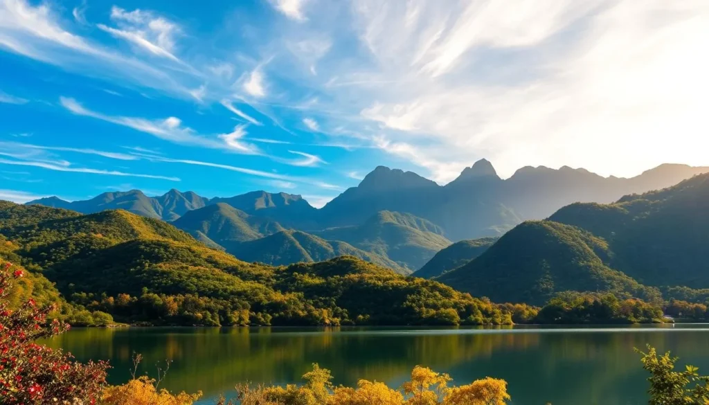 A scenic vista of Mianyang, China, showcasing its lush natural beauty. In the foreground, a serene lake reflects the surrounding verdant hills and vibrant foliage. Towering mountains rise majestically in the middle ground, their peaks capped with a dusting of snow. The sky above is a brilliant azure, with wispy clouds drifting lazily. Warm, golden sunlight bathes the landscape, creating a tranquil and inviting atmosphere. The composition emphasizes the harmonious balance between the natural elements, capturing the essence of Mianyang's breathtaking scenery.