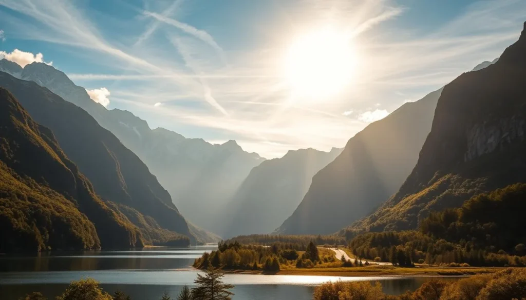 A scenic vista of Milford Sound's dramatic landscapes, captured under a warm, golden sun filtering through wispy clouds. In the foreground, a crystal-clear lake reflects the jagged, snow-capped peaks of the Fiordland mountains. Lush, verdant forests line the shores, their canopies casting soft, dappled shadows. In the middle ground, a winding road curves through the valley, flanked by towering cliffs and cascading waterfalls. The overall atmosphere exudes a sense of tranquility and awe-inspiring natural beauty, perfectly encapsulating the must-see stops along the iconic Milford Road.