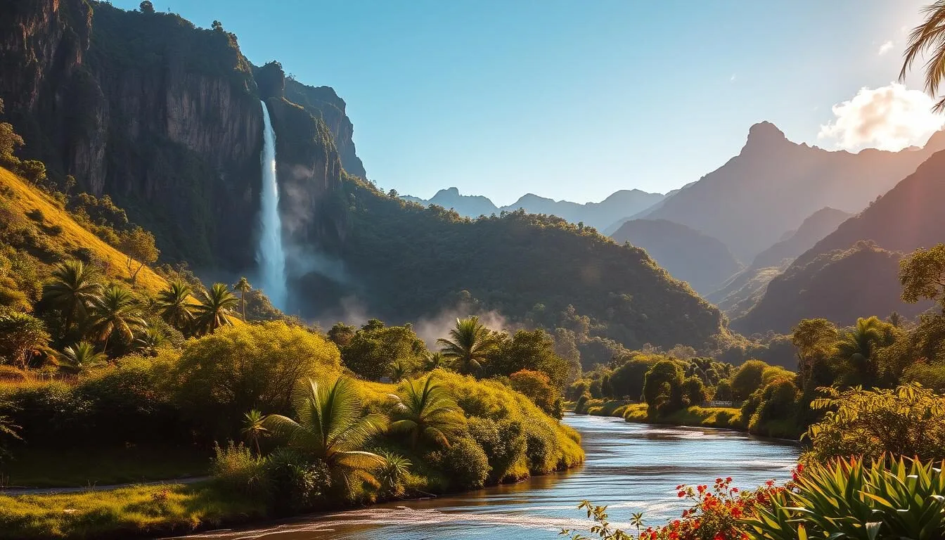 A scenic vista of Negros Island's lush, verdant landscapes, showcasing its diverse natural attractions. In the foreground, a tranquil, crystalline river winds its way through the rolling hills, its banks dotted with vibrant tropical flora. The middle ground features a towering, mist-shrouded waterfall cascading over rugged, mossy cliffs, while in the background, majestic mountains rise up, their peaks piercing the azure sky. The scene is bathed in warm, golden sunlight, creating a serene and enchanting atmosphere. The image conveys the island's unspoiled beauty and the allure of its outdoor adventures.