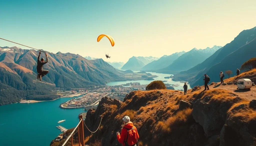 A scenic vista of Queenstown, New Zealand, with its striking alpine landscape as the backdrop. In the foreground, adventurous tourists engage in thrilling activities - bungee jumping off a bridge, paragliding over the tranquil Lake Wakatipu, and whitewater rafting through the rushing Shotover River. The mid-ground features hikers traversing rugged mountain trails, while in the distance, the iconic Remarkables mountain range rises majestically. Warm natural lighting bathes the scene, capturing the vibrant colors and the exhilarating energy of Queenstown's renowned adventure tourism.