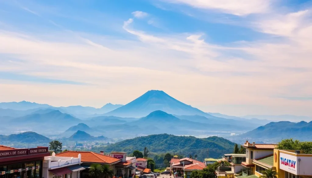 A scenic vista of Tagaytay, the picturesque city in the Philippines. In the foreground, a bustling town center with quaint shops and cafes, their facades adorned with vibrant colors. In the middle ground, the iconic Taal Volcano rises majestically, its caldera surrounded by lush, rolling hills. The background is framed by a clear, azure sky, with wispy clouds drifting overhead. Warm, natural lighting casts a golden glow over the scene, creating a welcoming and serene atmosphere. Capture the essence of Tagaytay's charm and natural beauty, inviting the viewer to explore this remarkable destination.