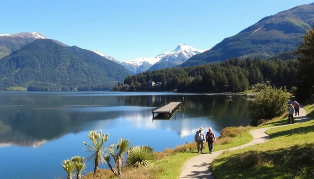 A scenic vista of Te Anau's natural attractions on a bright, sunny day. In the foreground, a tranquil lake reflects the surrounding mountains and lush, verdant forests. Visitors stroll along a well-maintained hiking trail, taking in the breathtaking panorama. In the middle ground, a historic wooden pier juts out into the still waters, inviting exploration. The background features the majestic Fiordland mountains, their snow-capped peaks reaching towards the azure sky. The scene is bathed in warm, golden light, creating a serene and inviting atmosphere. Capture the essence of Te Anau's free, outdoor delights through this picturesque landscape.