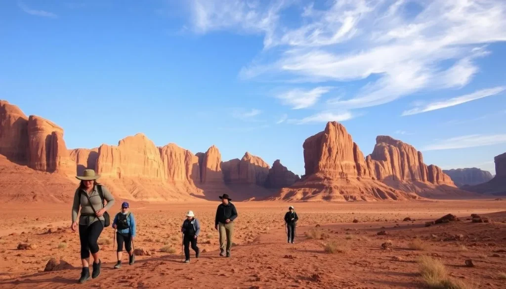 A scenic vista of Wadi Rum, the breathtaking desert valley in Jordan. In the foreground, a group of adventurous hikers in protective gear - hats, sunglasses, and sturdy boots - traversing the rugged terrain, mindful of their steps. In the middle ground, towering sandstone formations in shades of ochre and crimson, casting long shadows under the warm, golden sunlight. In the background, a clear azure sky, dotted with wispy cirrus clouds. The overall mood is one of exploration and caution, with the hikers navigating the majestic, yet potentially hazardous landscape with care and respect.