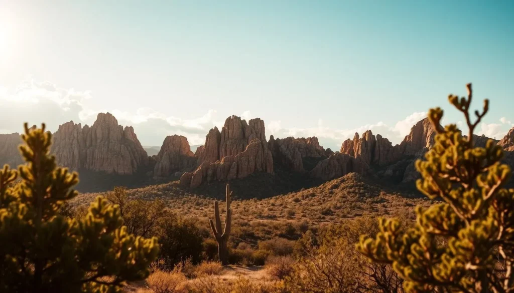 A scenic vista of the Chiricahua National Monument under a bright, azure sky. Rugged, sculpted rock formations stretch across the middle ground, their weathered surfaces casting dramatic shadows. In the foreground, lush vegetation and tall, twisted juniper trees frame the scene, creating a sense of depth and natural beauty. Warm, golden light filters through the clouds, illuminating the rich, earthy tones of the rock and highlighting the intricate textures. The overall atmosphere conveys a serene, peaceful ambiance, inviting the viewer to appreciate the grandeur of this stunning natural wonder.