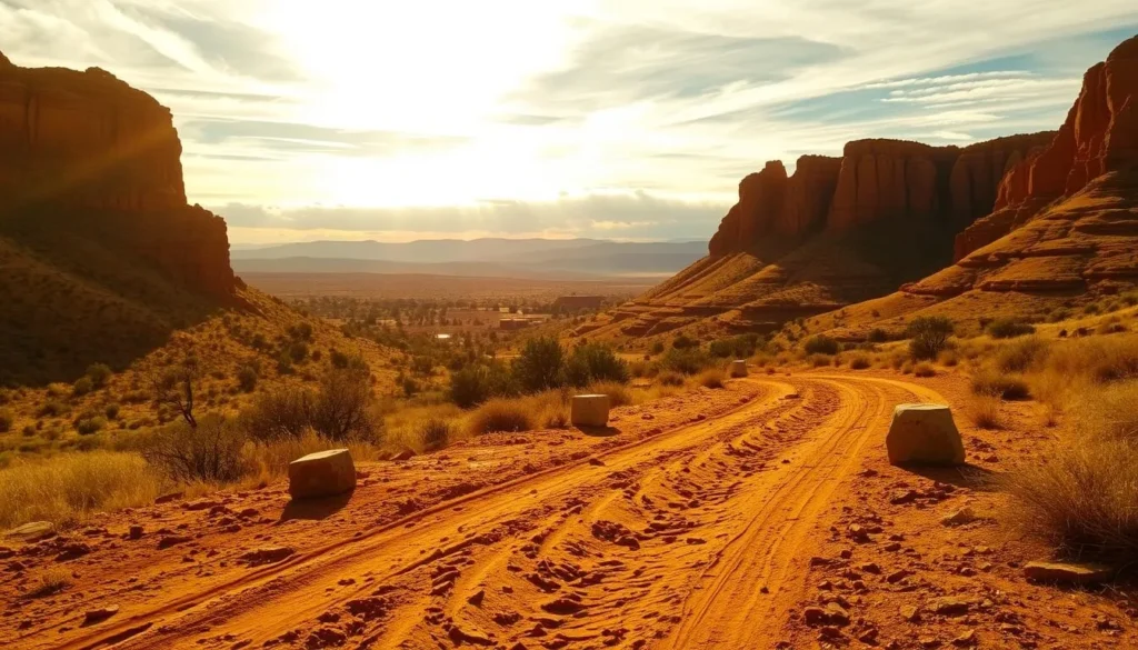 A scenic vista of the historic Santa Fe Trail, with weathered limestone formations and rolling hills in the background. The foreground is dotted with remnants of the old wagon trail, including ruts and worn stone markers. Warm, golden sunlight filters through wispy clouds, casting a soft, nostalgic glow over the landscape. A sense of timeless tranquility pervades the scene, inviting the viewer to imagine the journey of the intrepid travelers who once traversed this iconic route through the American West.