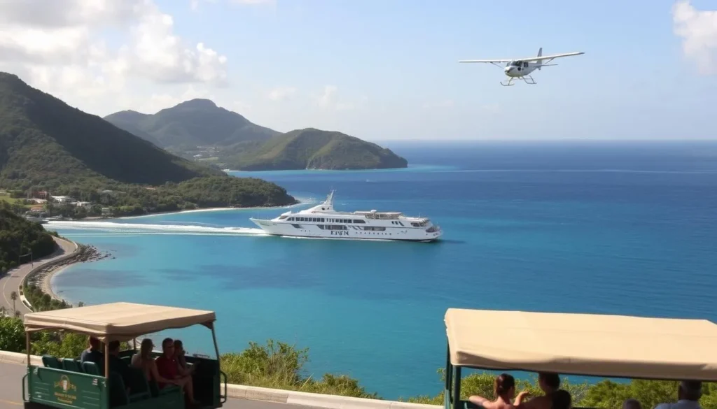 A scenic vista of the picturesque U.S. Virgin Islands, showcasing the diverse transportation options available. In the foreground, a charming open-air taxi or "safari bus" navigates the winding coastal roads, transporting passengers against a backdrop of lush, verdant hills and crystalline azure waters. In the middle ground, a sleek, modern ferry crosses the shimmering ocean, ferrying travelers between the main islands. In the distance, a small biplane or helicopter soars overhead, offering a bird's-eye view of the stunning tropical landscape. Warm, golden sunlight bathes the scene, creating a tranquil and inviting atmosphere that captures the essence of island exploration and discovery.