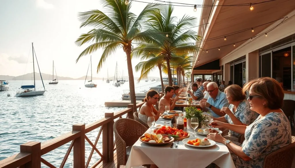 A scenic waterfront dining experience at a coastal restaurant, set against the backdrop of a tranquil bay. A wooden deck overlooks the glistening water, where sailboats and yachts lazily drift by. Diners enjoy a sumptuous seafood feast under the warm glow of string lights, as a gentle breeze rustles the palms lining the shore. The atmosphere is relaxed and inviting, with a hint of salty air and the sounds of lapping waves. Capture the essence of a perfect, laid-back coastal meal, where the focus is on savoring fresh local cuisine and taking in the serene natural beauty.
