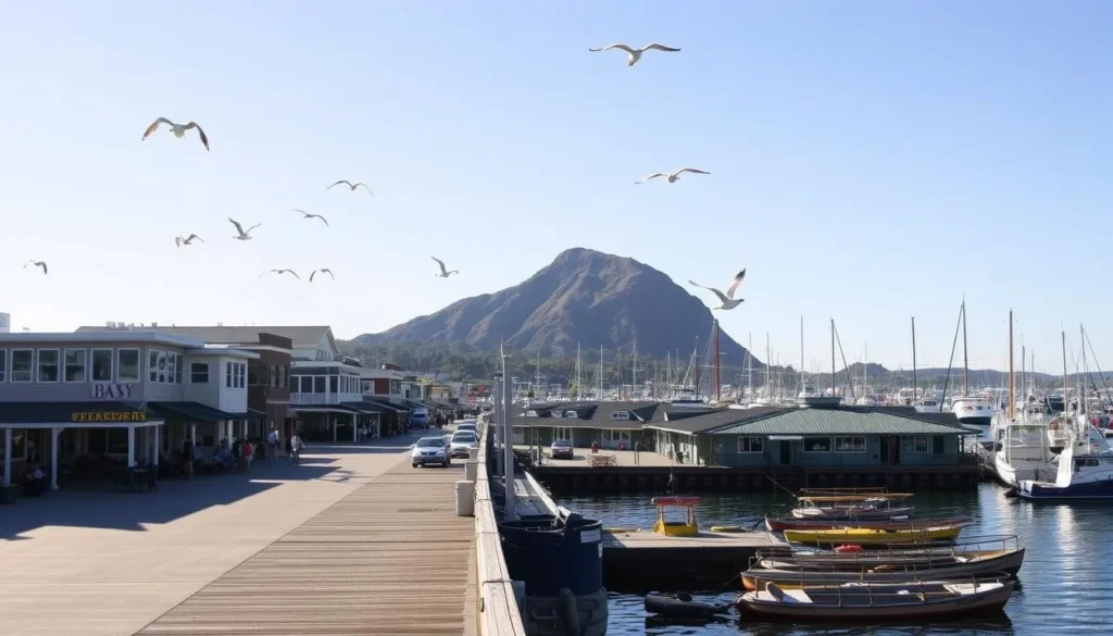 A scenic waterfront vista along the Morro Bay Embarcadero, California. In the foreground, a boardwalk flanked by quaint seaside shops and eateries, their colorful facades reflecting in the tranquil waters. Fishing boats and kayaks dot the sheltered harbor. In the middle ground, the iconic Morro Rock stands tall, its distinctive silhouette framed by a clear blue sky. Seagulls soar overhead, casting gentle shadows on the bustling promenade. Warm, diffused sunlight bathes the scene, creating a serene and inviting atmosphere. Capture the essence of this picturesque waterfront, showcasing the charm and natural beauty of this coastal town.