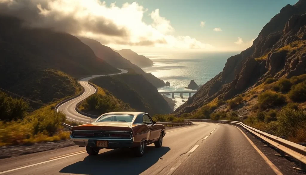 A scenic, winding California highway cutting through rugged coastal cliffs, with the Pacific Ocean sparkling in the distance. Sunlight filters through billowing clouds, casting a warm, golden glow over the scene. In the foreground, a classic American muscle car cruises along the road, its chrome trim gleaming. Lush, verdant foliage flanks the highway, hinting at the diverse landscapes waiting to be explored. The overall mood is one of adventure, freedom, and the pure joy of the open road.