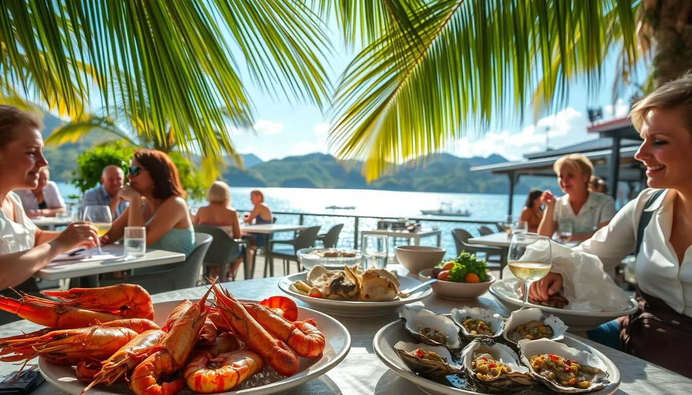 A seaside dining scene at Airlie Beach, Queensland, Australia. In the foreground, a table set with fresh seafood dishes - sizzling prawns, oysters on the half shell, and a steaming seafood platter. Diners enjoy their meals under the dappled sunlight filtering through lush palm fronds. In the middle ground, a bustling open-air restaurant with panoramic views of the Whitsunday Islands and the glistening Coral Sea. The background features the lush, verdant hills and mountains characteristic of the Whitsunday region. The atmosphere is one of relaxation and indulgence, capturing the essence of Airlie Beach's vibrant local culture and cuisine.