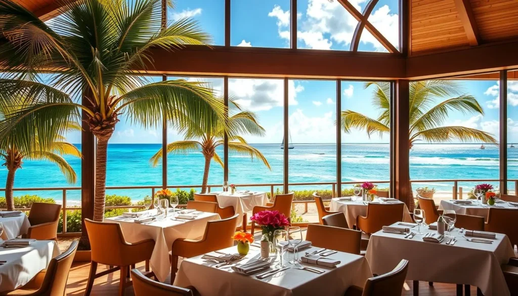 A seaside fine dining establishment in Barbados, nestled amidst swaying palm trees and offering breathtaking vistas of the turquoise Caribbean Sea. Sunlight streams through large panoramic windows, casting a warm, golden glow over the sophisticated, yet relaxed dining area. Crisp white tablecloths are adorned with fresh tropical flowers, and elegant place settings await discerning diners. In the background, the horizon is dotted with sailboats gliding across the tranquil waters. The mood is one of luxurious serenity, inviting guests to savor the exquisite local cuisine while immersed in the natural beauty of this island paradise.